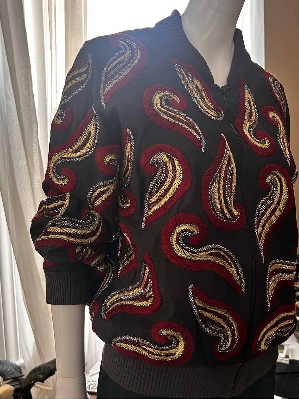 Embellished Alicia and Olivia Paisley Bomber Jacket —  Dark grey Burgundy & Gold